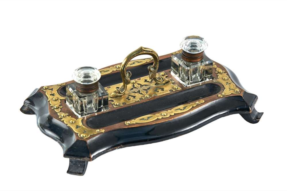 Antique Victorian Walnut & Ebonised Brass Mounted Inkstand