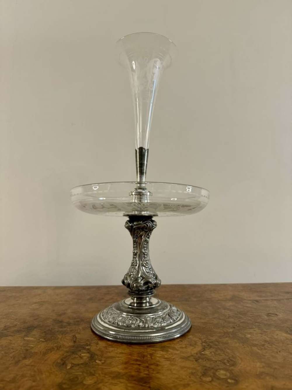 Fine Quality Antique Victorian Silver Plated And Etched Glass &eacute;pergne By Walker & Hall