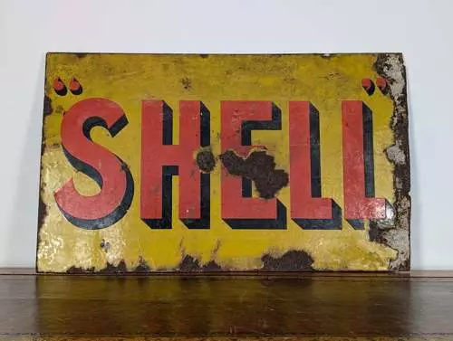 Vintage Shell double-sided enamel advertising sign, original in