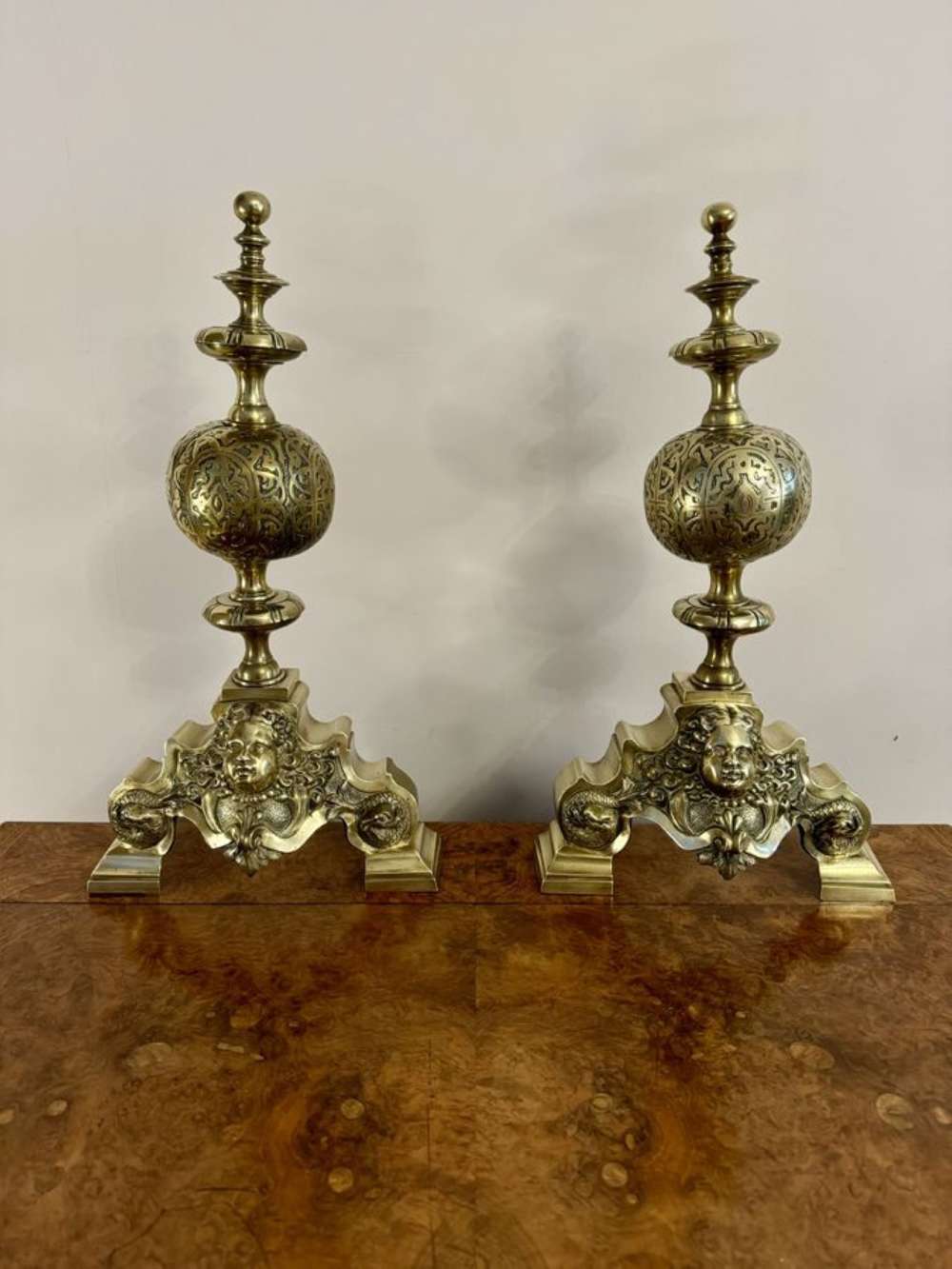 Outstanding Quality Pair Of Antique Victorian Ornate Brass Firedogs