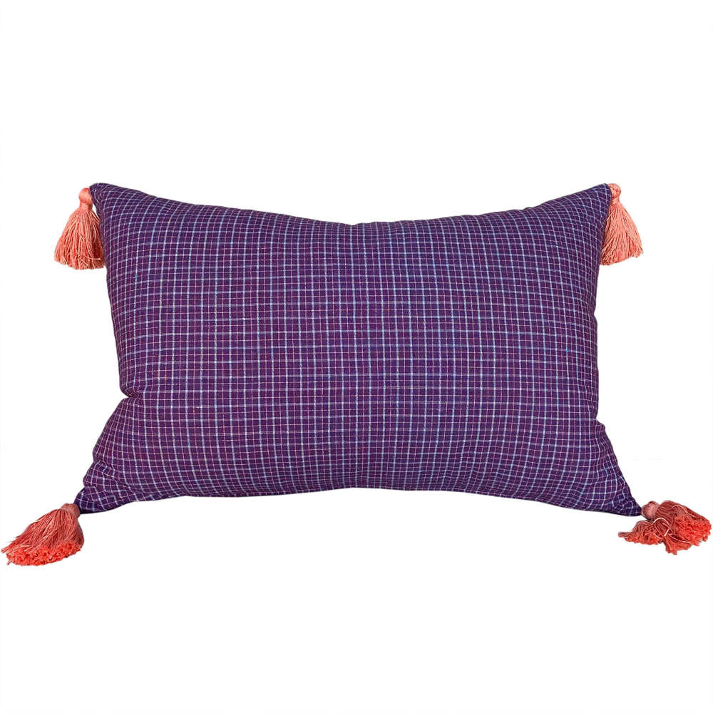 Berry Checked Cushions With Orange Tassels