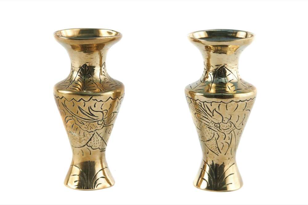 Small Antique Pair Of Chinese Brass Vases