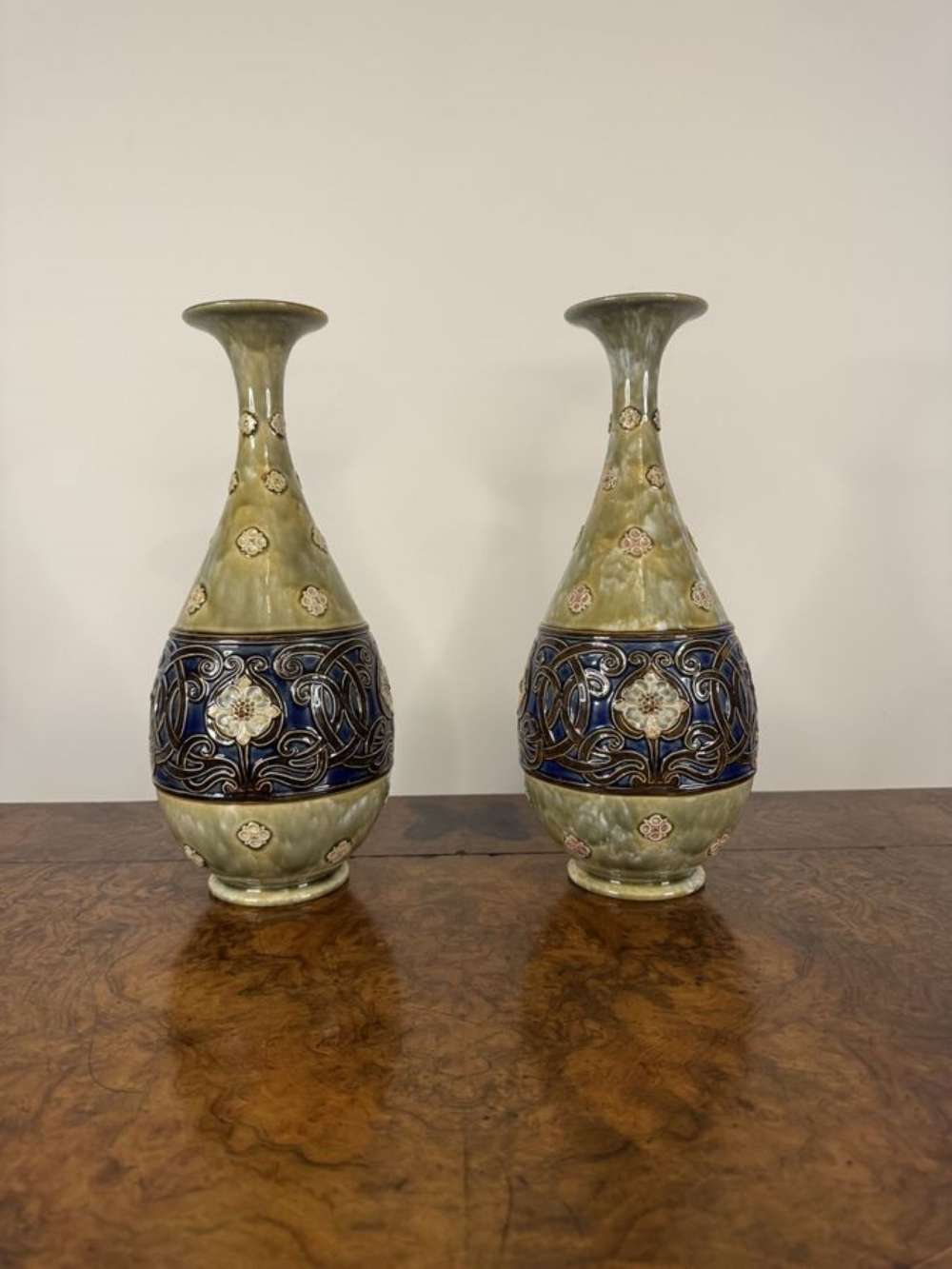 Outstanding Quality Pair Of Antique Art Nouveau Royal Doulton Stoneware Baluster Vases