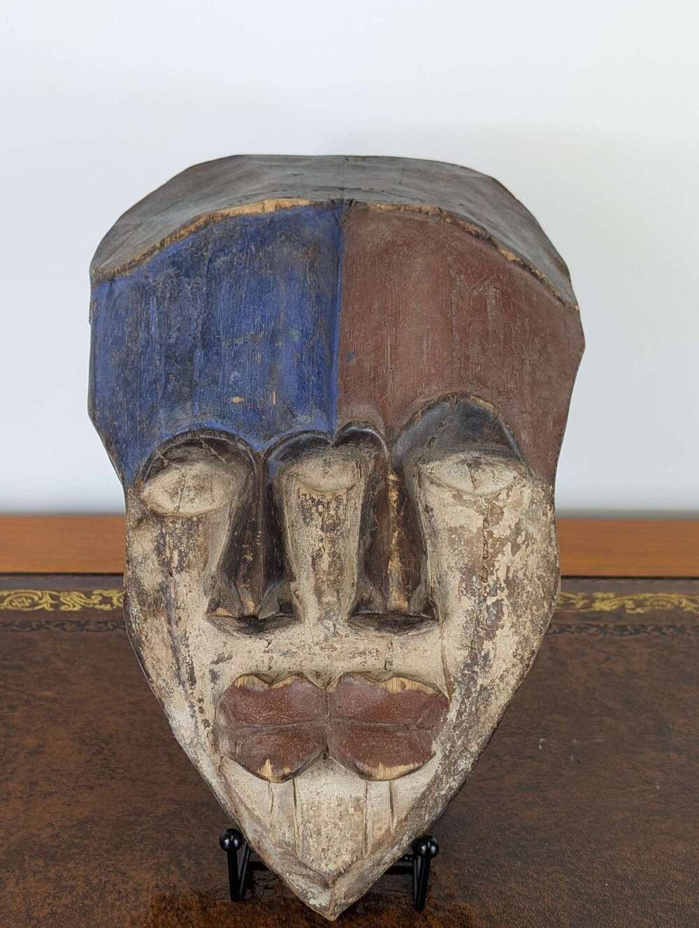 Fang-inspired African carved mask from Gabon, double-face & three-eyed