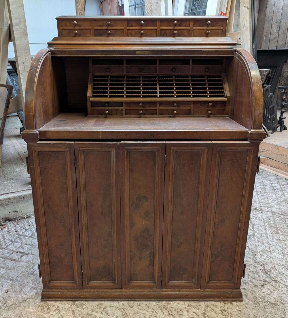 M2031 RECLAIMED TAMBOUR / ROLLTOP COPYWRITERS DESK / CABINET C.1910