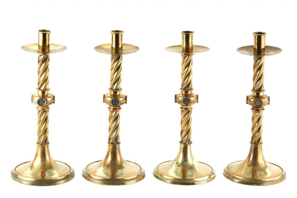 These Are A Set Of 4 Mid 19th Century Antique Brass Ecclesiastical Candlesticks