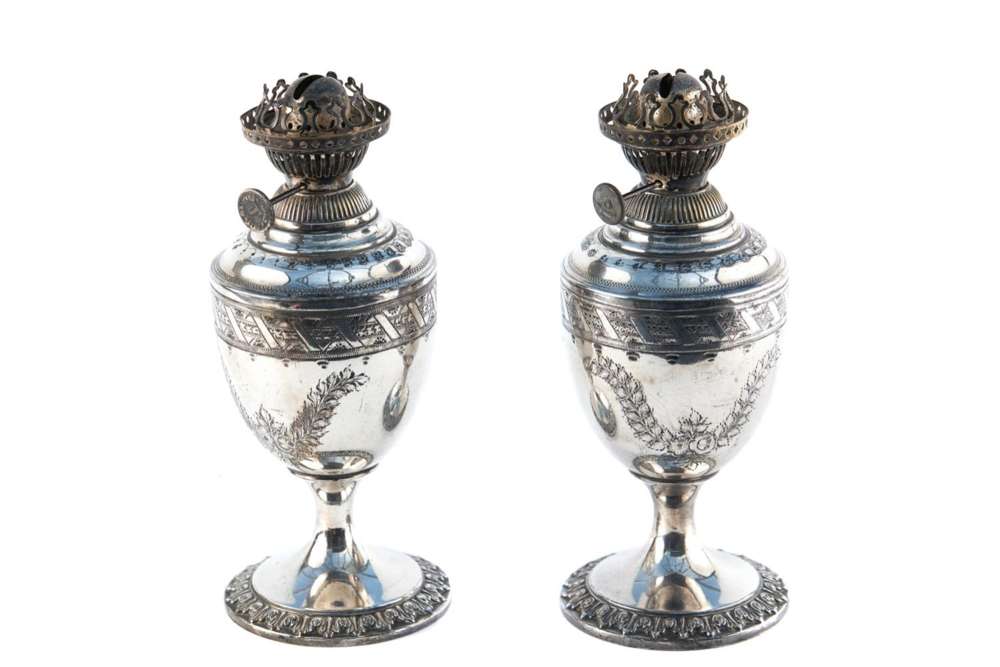 Small Pair Of Quality Antique Silver Plated Oil Lamps