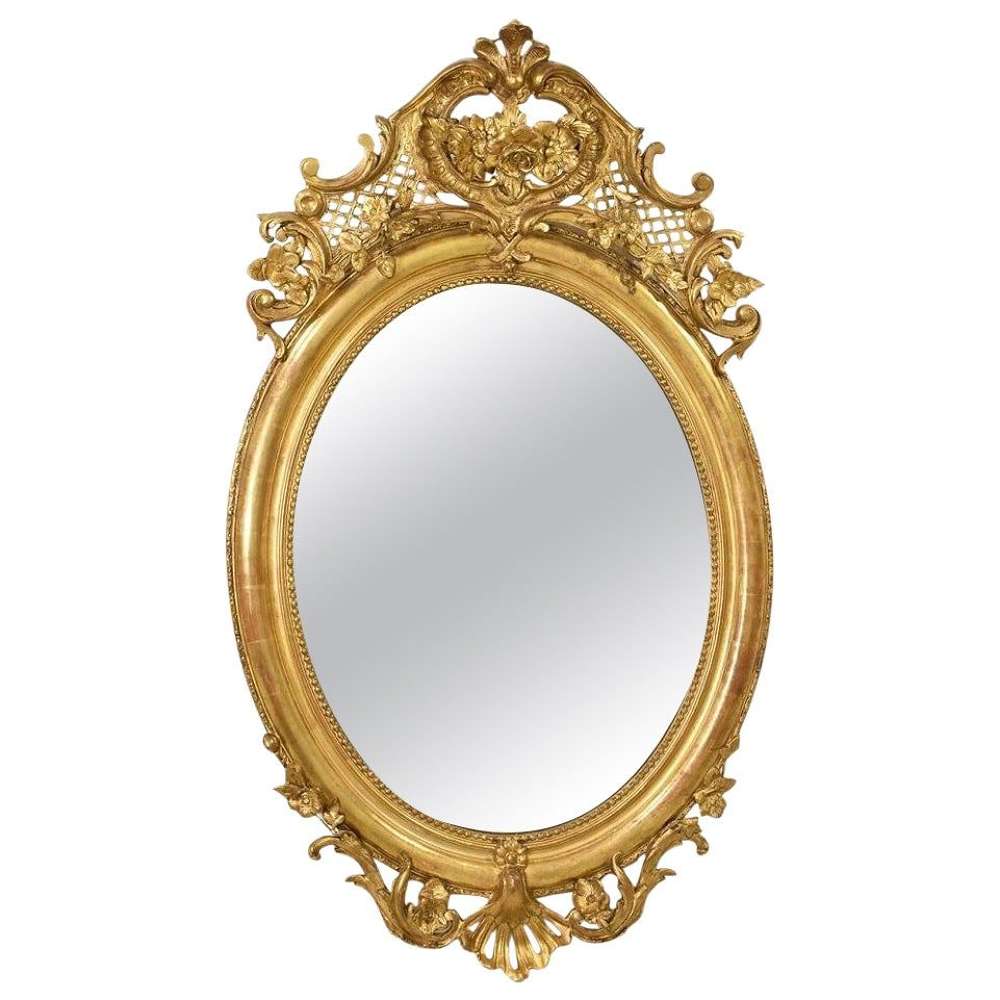 Antique Round Gold Mirror, Oval Wall Mirror, Flowers And Scrolls, Gold Leaf Frame, Xix.