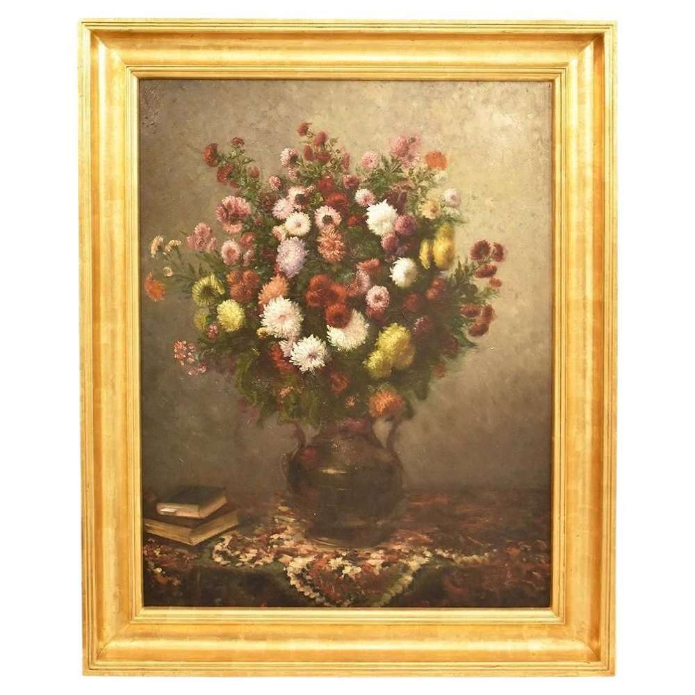 Antique Paintings Of Flowers, Oil On Canvas, Still Life With Vase Of Chrysanthemums, 19th.