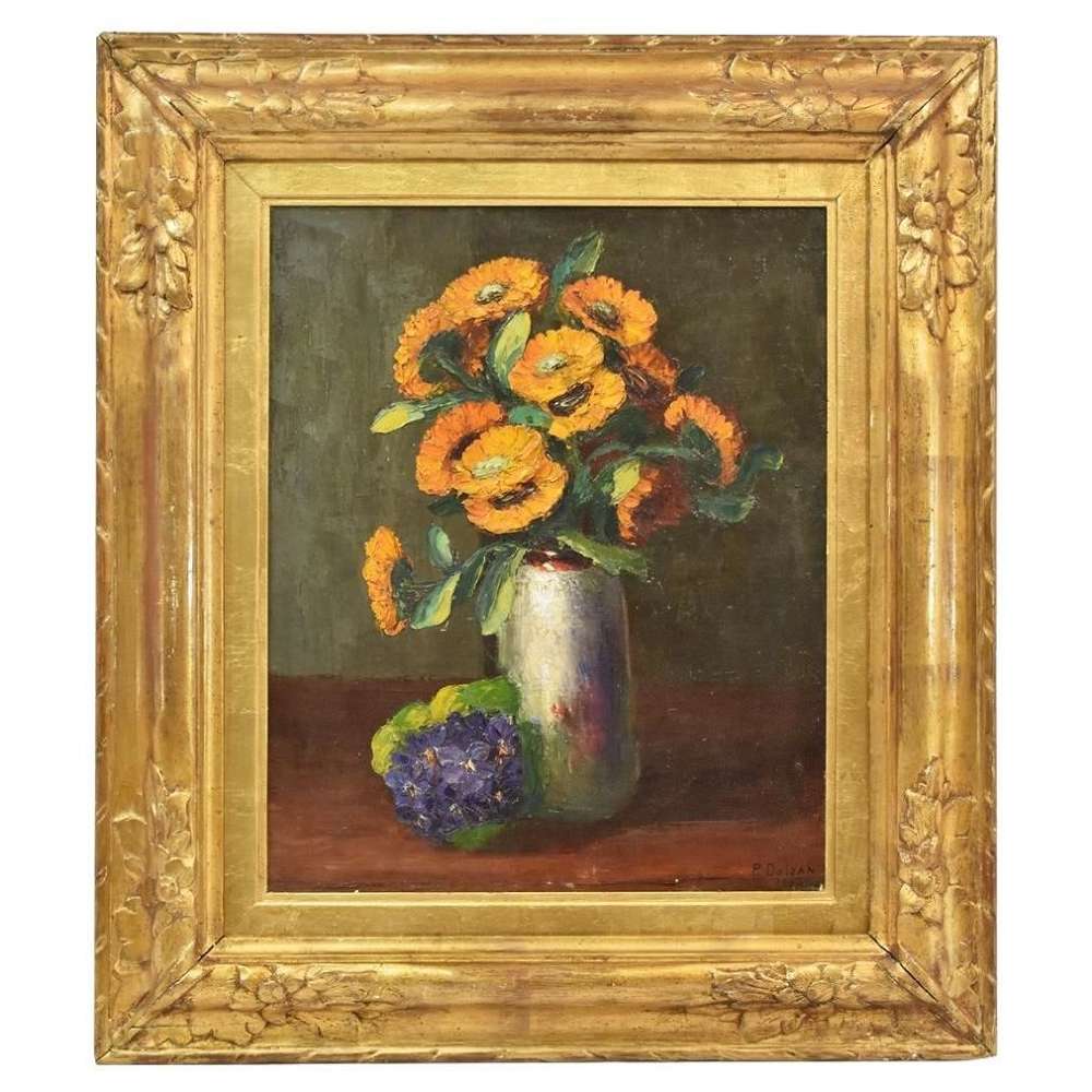 Flower Painting, Yellow Daisies Painting, Oil On Canvas, 20th Century, Art D&eacute;co. (qf24)