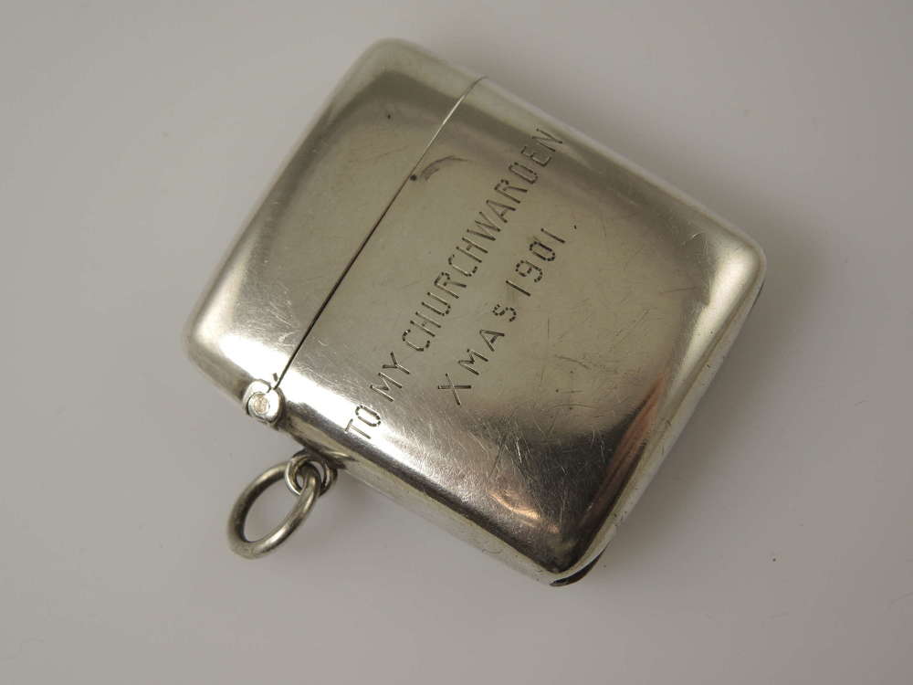Silver Vesta case. To My Churchwarden, Xmas 1901.