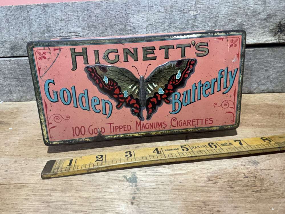 Hignett's Magnums Golden Butterfly 100 Gold Tip Cigarette Tin c1900s