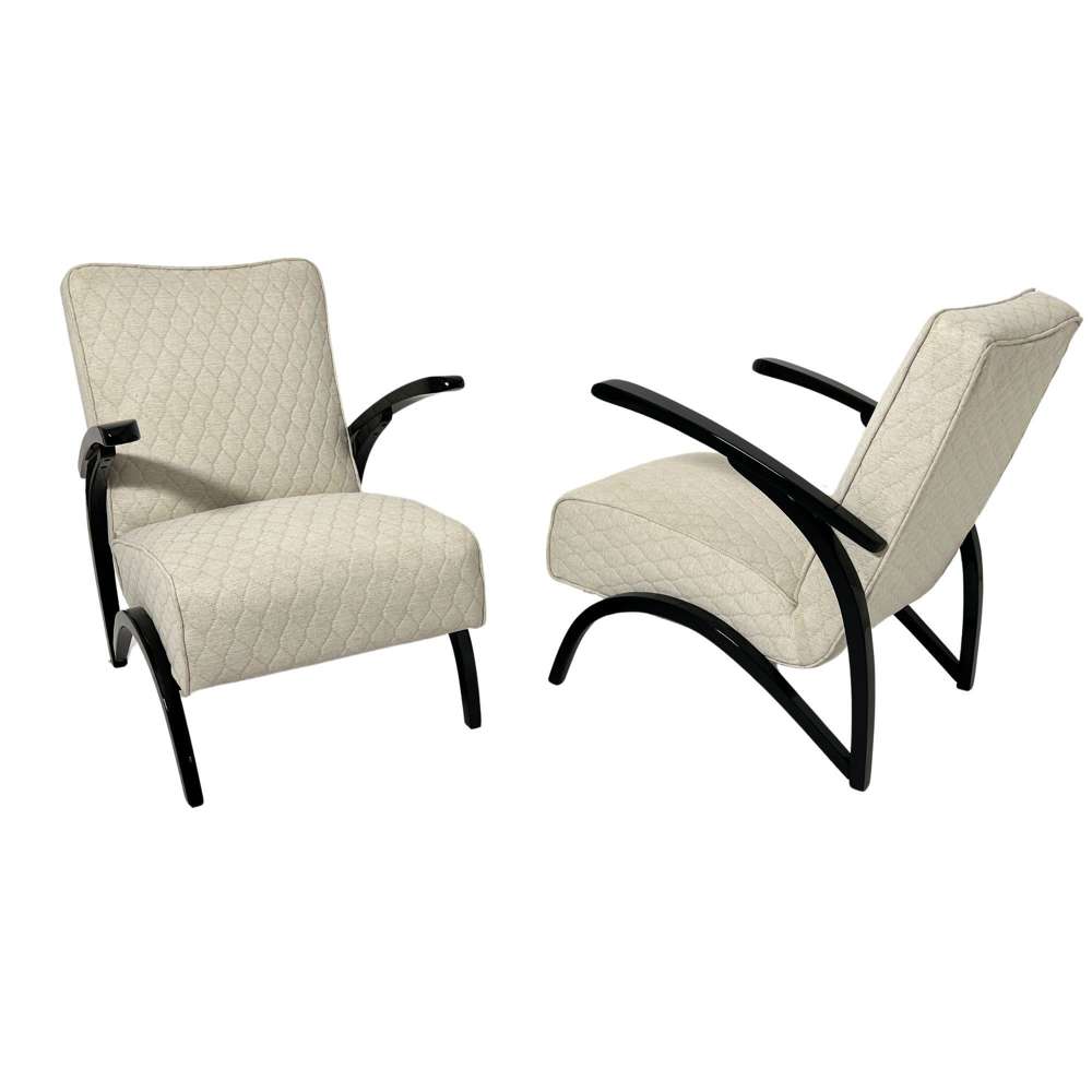 Pair Of Art Deco Lounge Chairs By J. Halabala, Black Laquer, Czechia Circa 1930
