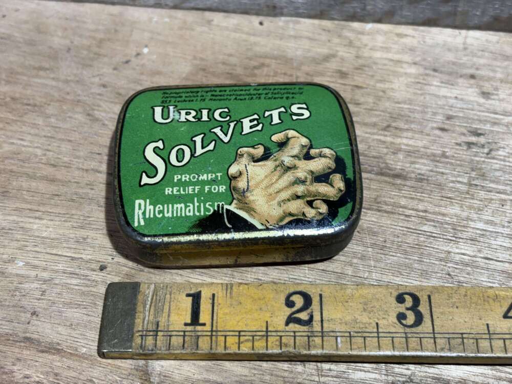 Superb Uric Solvet's Hand image Chemist Quackery Sample Tin c1900s