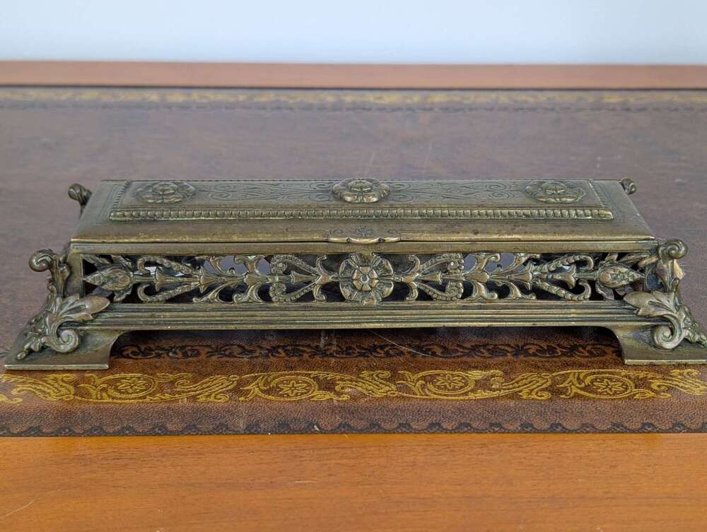 Late 19th-century cast brass inkwell with pierced sides & glass jars