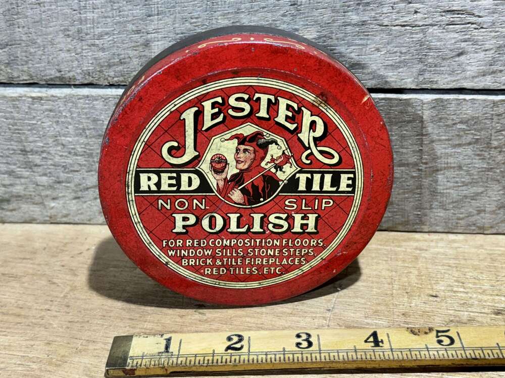 Jester Red Tile Floor Polish Tin c1930s