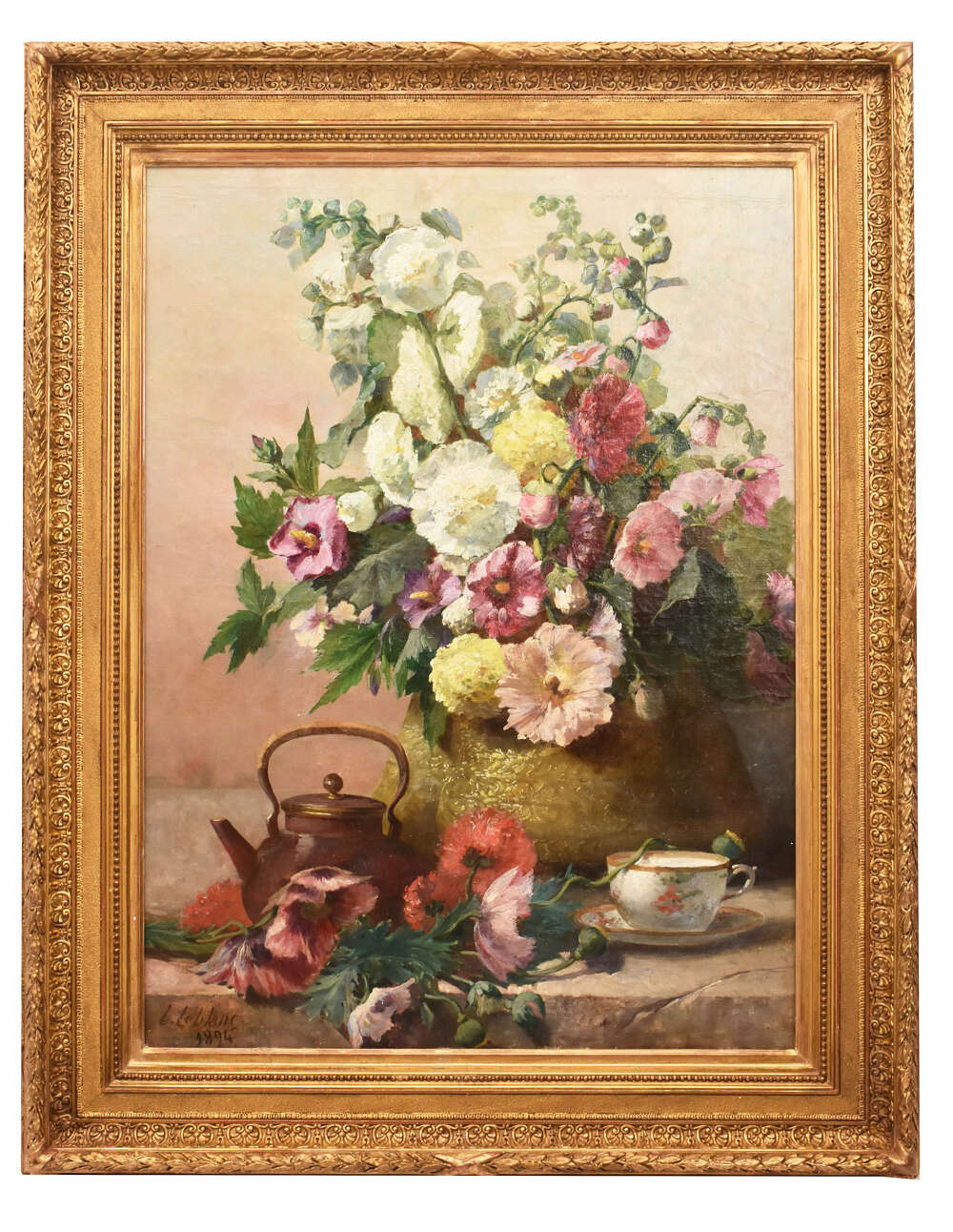 Antique Flower Painting, Mallow And Hibiscus Flowers, Oil On Canvas, Late 19th Century.