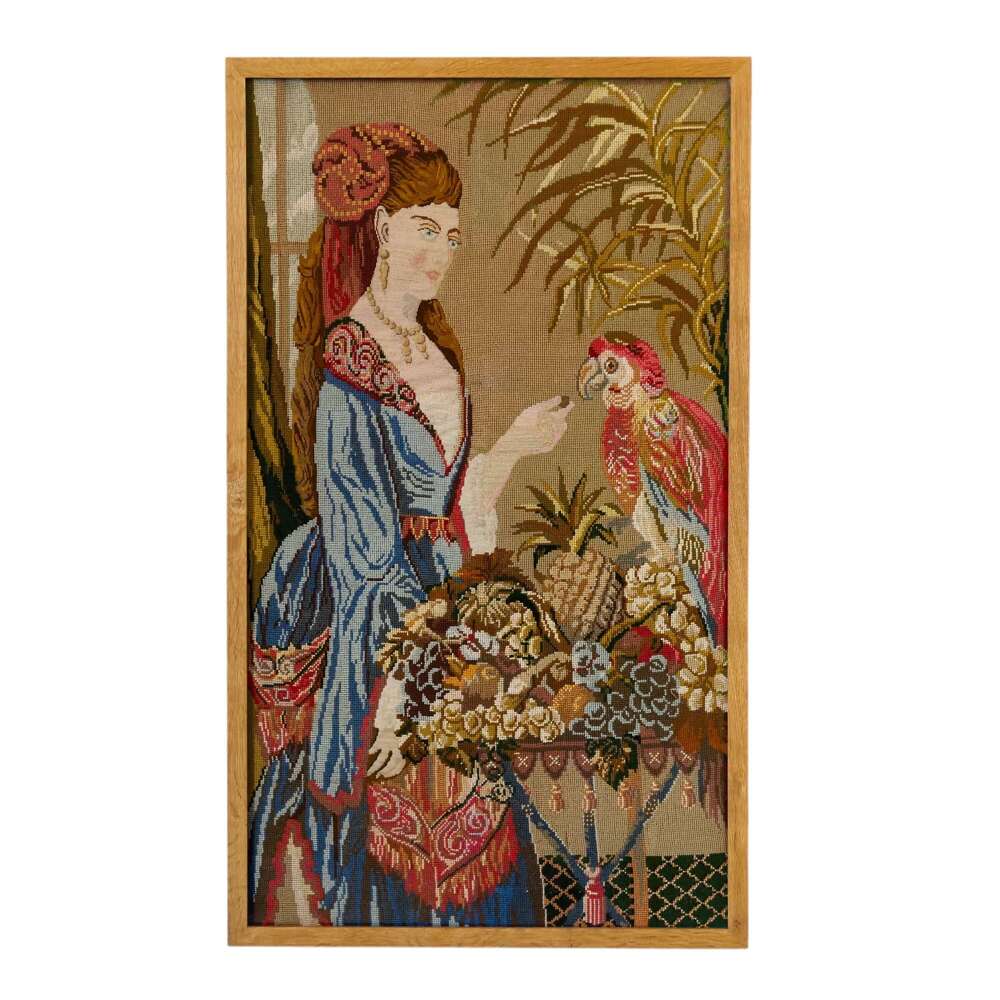 Tapestry & petit point picture in contemporary frame with non reflective glass c 1950s