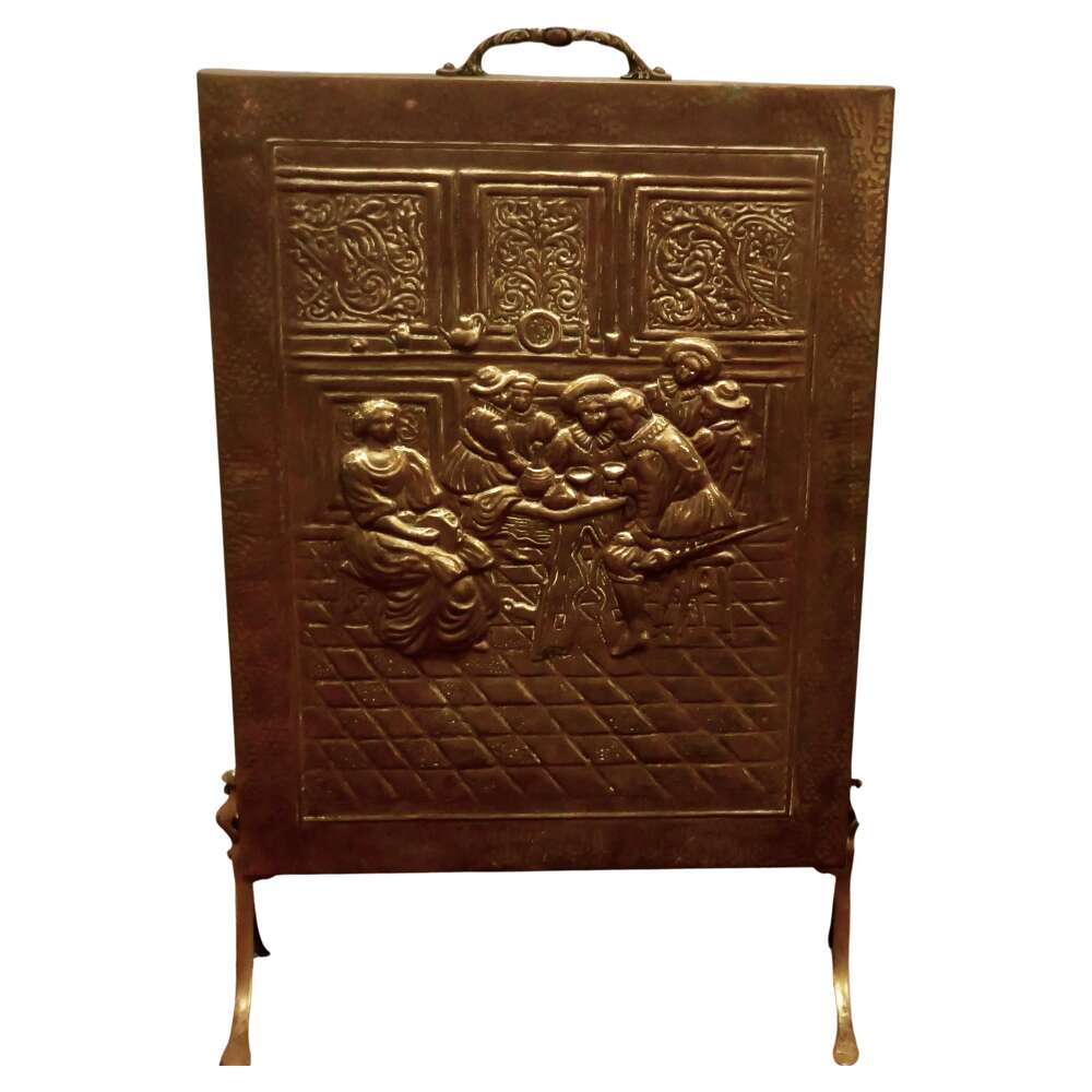 Early 20th Century Tavern Scene Brass Fire Screen