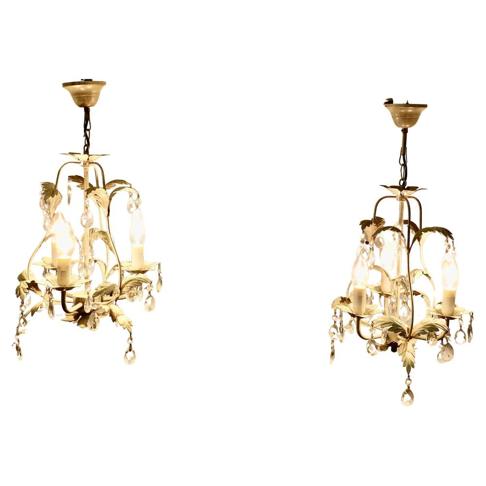 A Pair of White Toleware Open Basket Ceiling Chandeliers