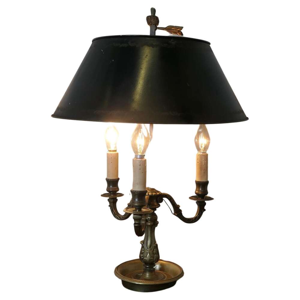 Green Toleware and Brass Triple Bouillotte Desk Lamp from France