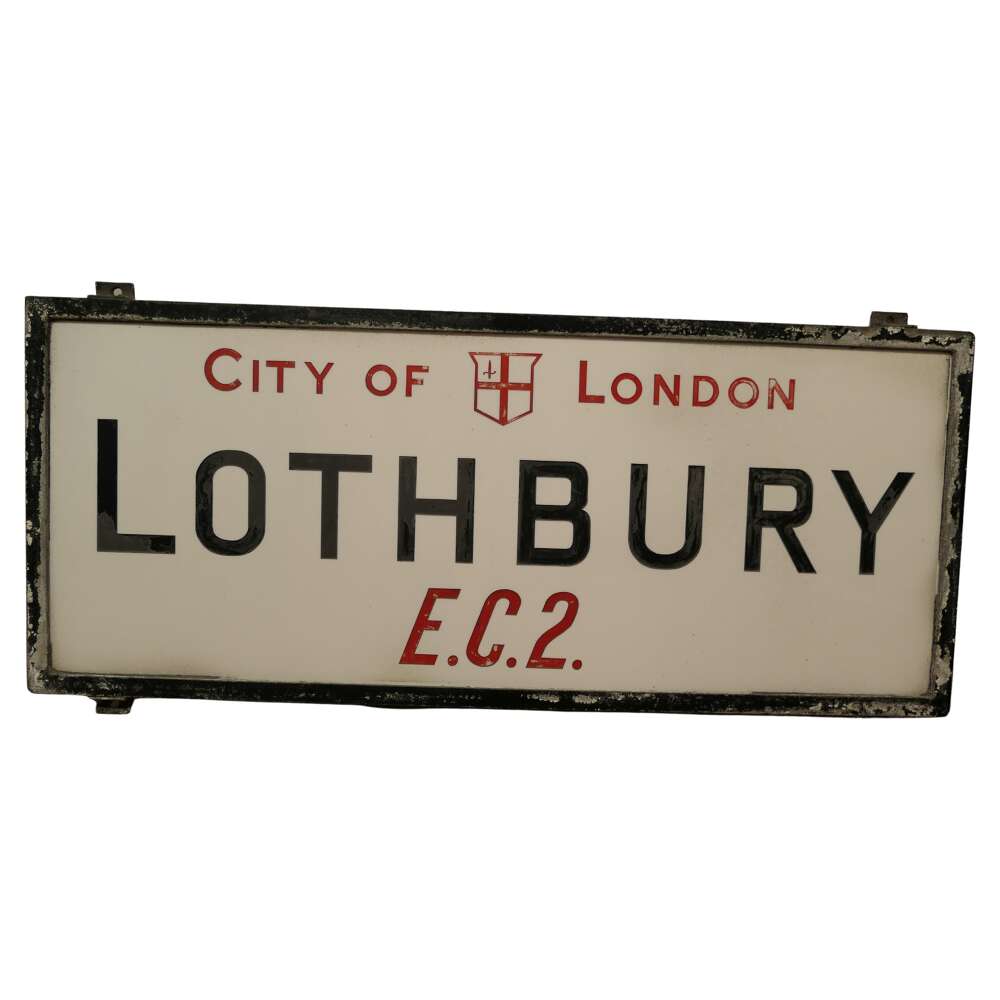 City of London Glass Edwardian Street Sign, Lothbury E.C.2
