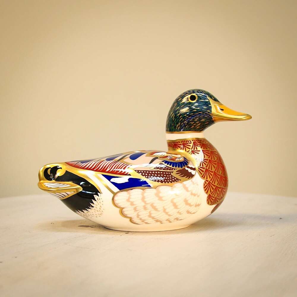 Crown Derby Imari Paperweight Mallard Duck with Silver Stopper