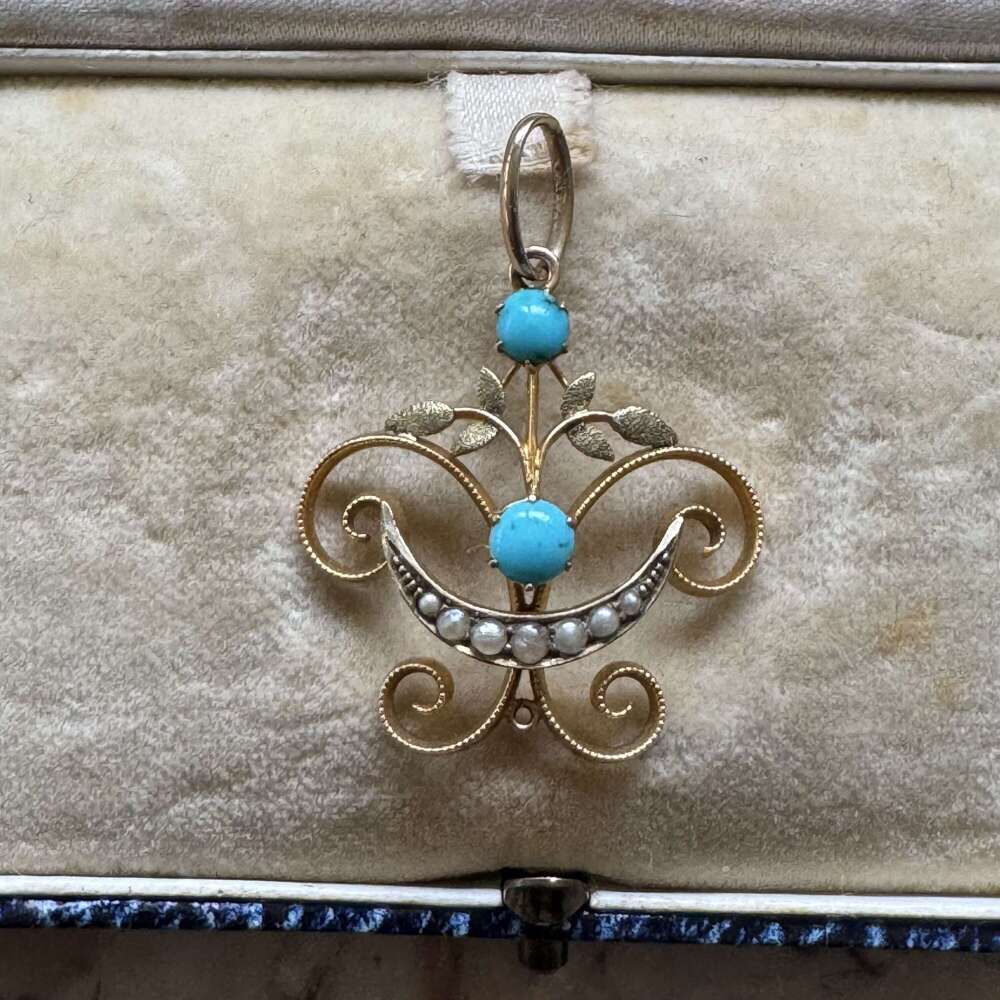 Antique, Edwardian 9ct gold, turquoise & seed pearl pendant