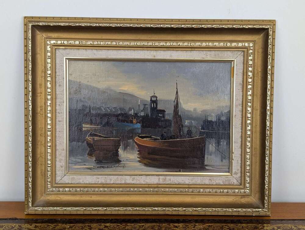 Jack Merriott (1901&ndash;1968) signed oil painting of working boats in harbour, c.1950s&ndash;60s