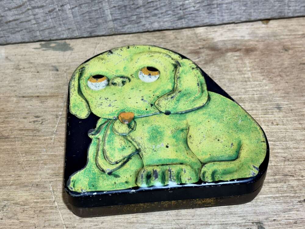 Embossed Figural Dog Shaped Toffee Tin c1930s