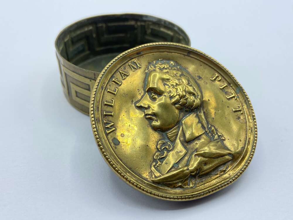 Antique Victorian Brass Embossed William Pitt Prime Minister Snuff Box
