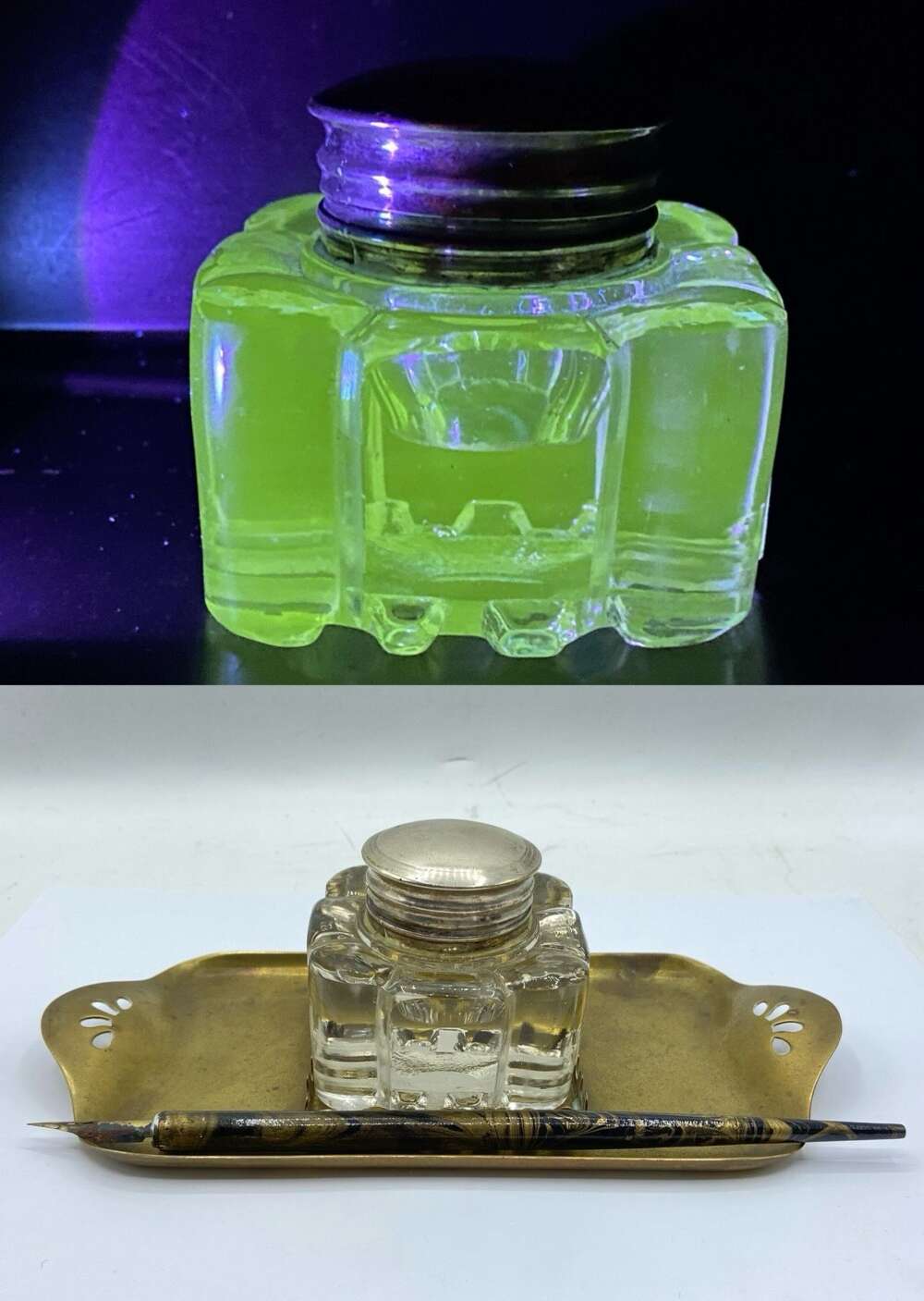 Antique Victorian Manganese Glass Inkwell, Brass Stand & Dip Pen