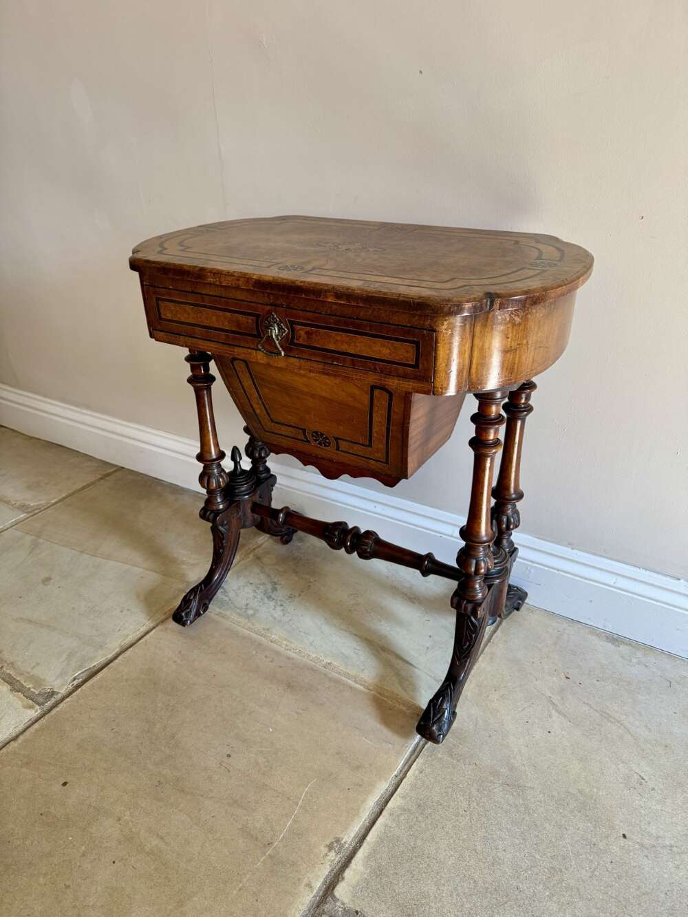 Quality Antique Victorian Inlaid Burr Walnut Work Table 