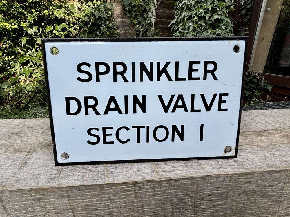 Small Fire Sprinkler Drain Valve Warning Sign c1920s