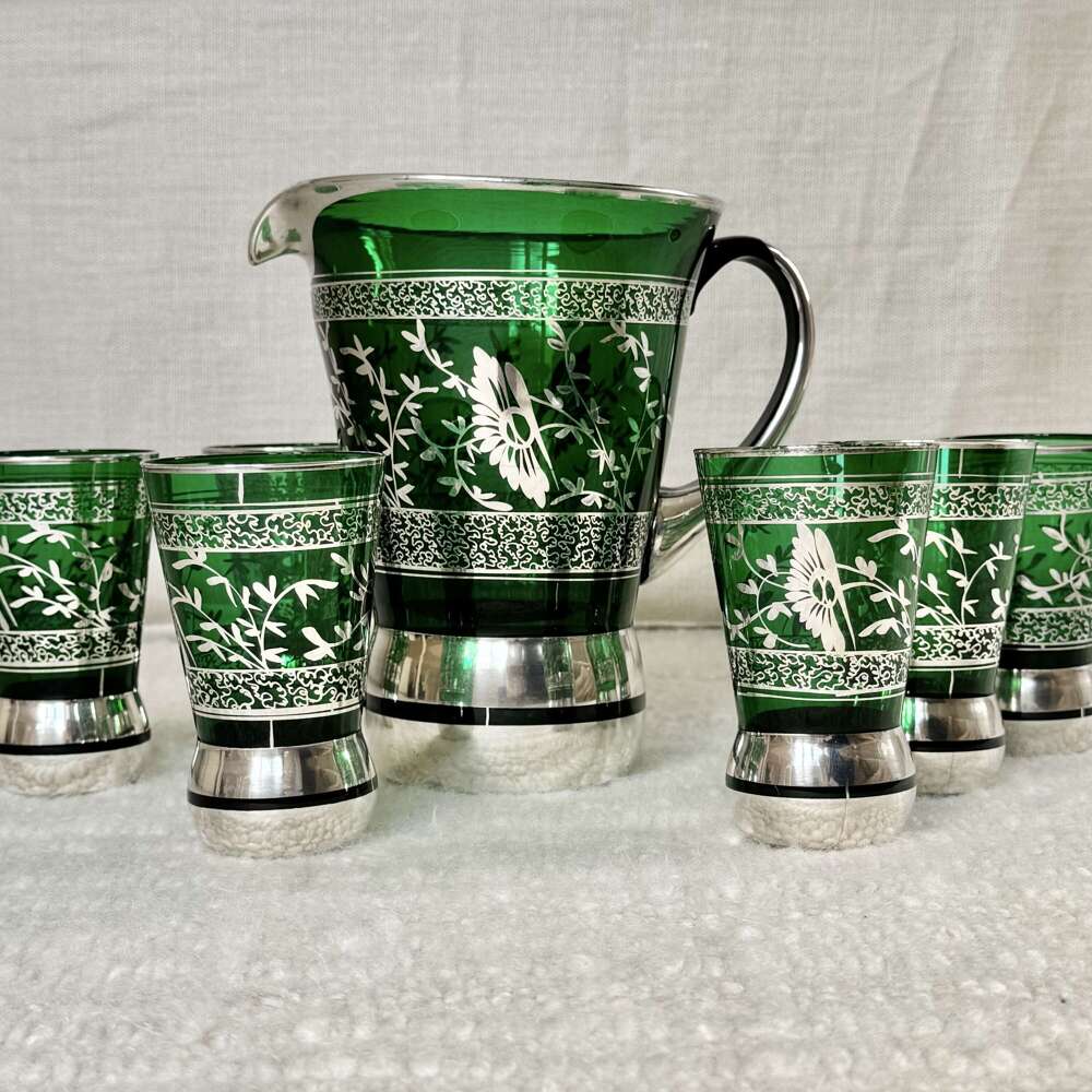 Green Venetian silver overlay cocktail jug & 6 tumblers C1950s