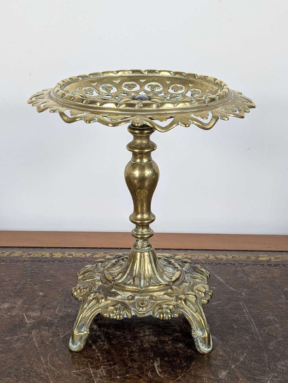 Victorian brass tazza with pierced dish and registration mark, England, late 19th century