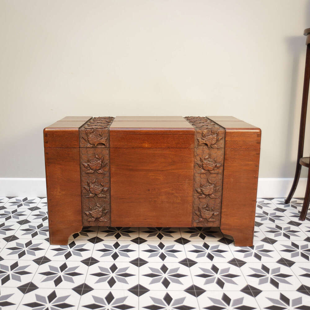Camphorwood lined chest oriental carved linen trunk
