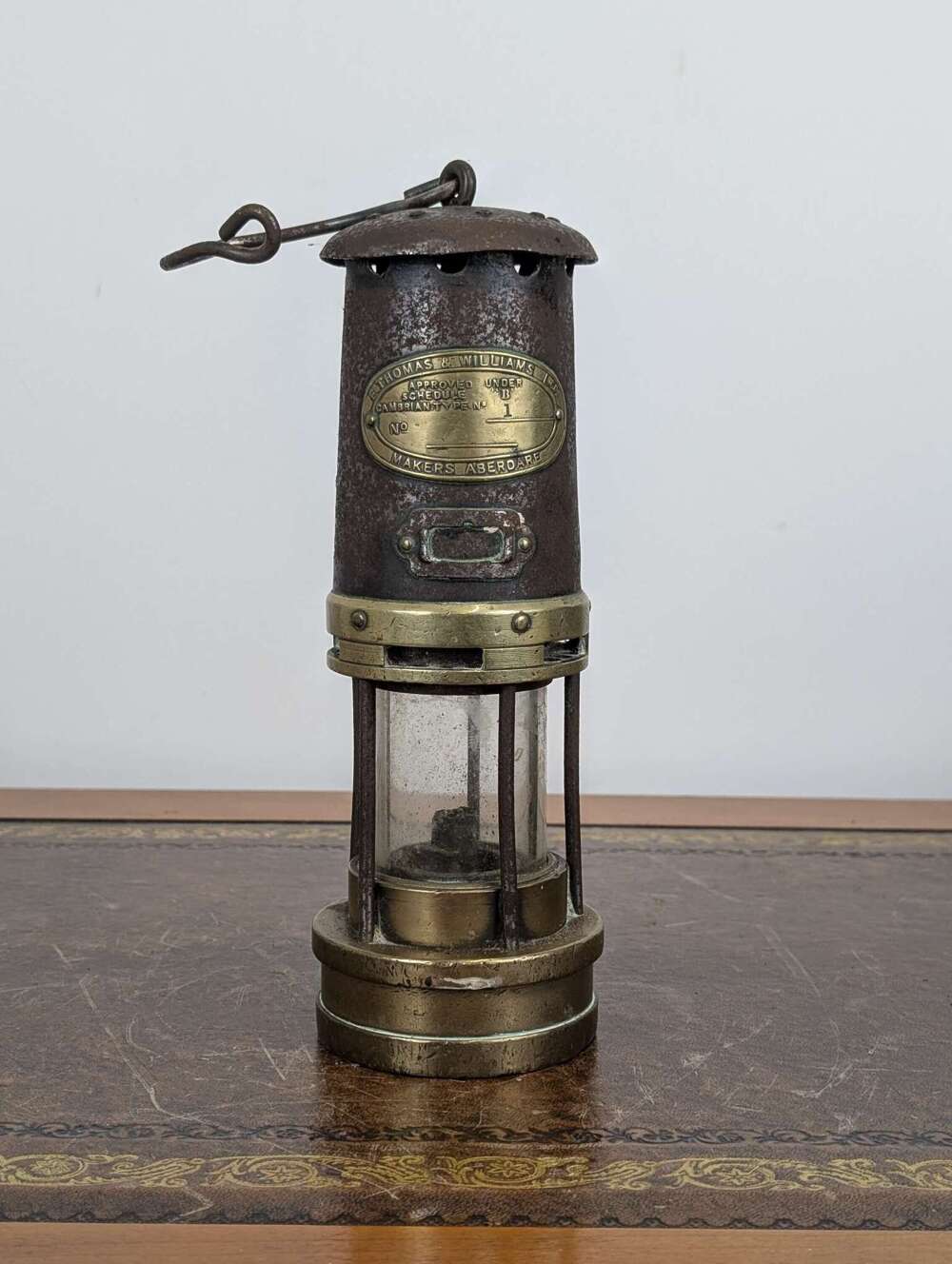 E. Thomas & Williams Cambrian Type 1 miner&rsquo;s lamp in brass and iron, Welsh, dated 1951