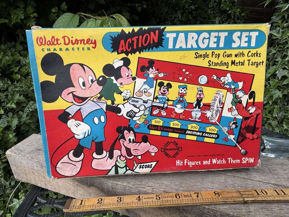 Mickey Mouse Disney pop Gun Shooting Game Toy in Box c1950s