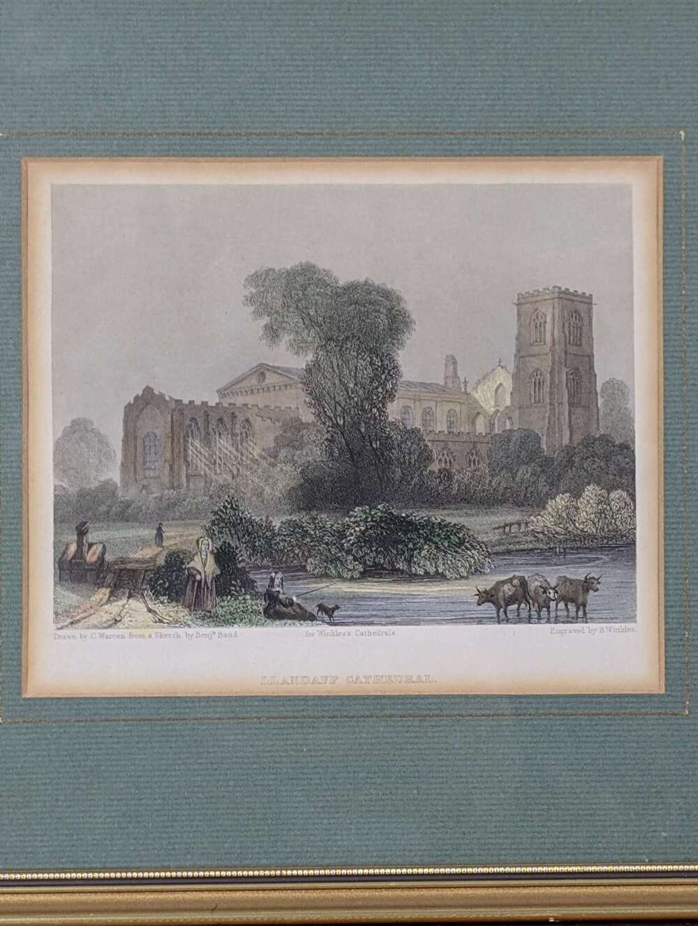 19th Century Engraving of Llandaff Cathedral in Wales by B Winkles after Benjamin Baud