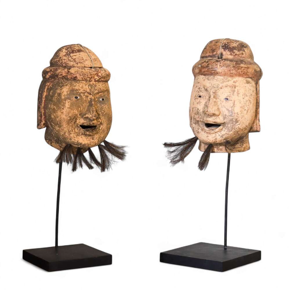 Authentic Burmese Carved Puppet Heads on Bespoke Stands &ndash; Circa 1880