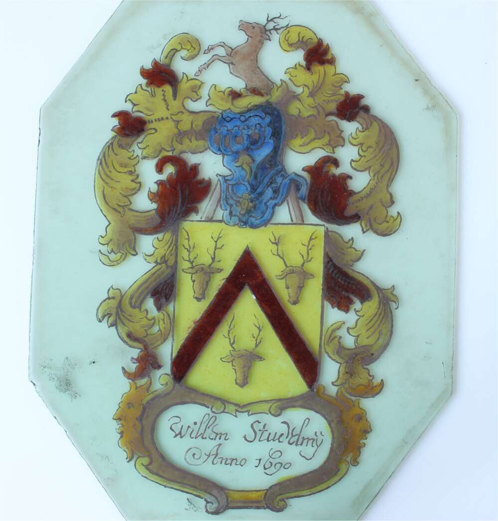 Antique Stained Glass Window Panel. Coat Of Arms Willem Studelmy 1690.