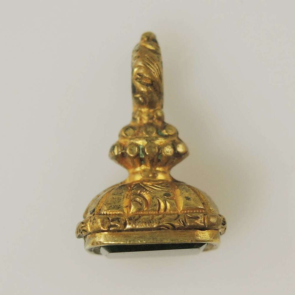 Victorian gilt cased seal charm fob set with BLOOD STONE c1850