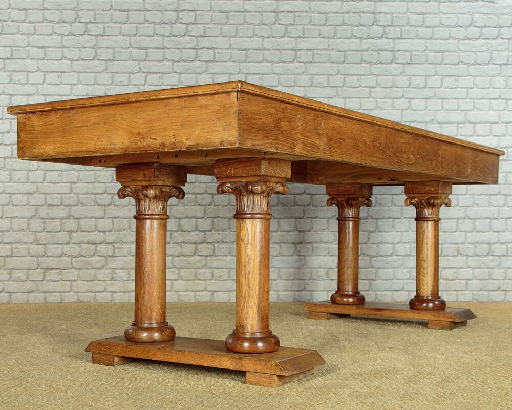 Large Oak Refectory Dining Table On Gothic Column Legs C.1950