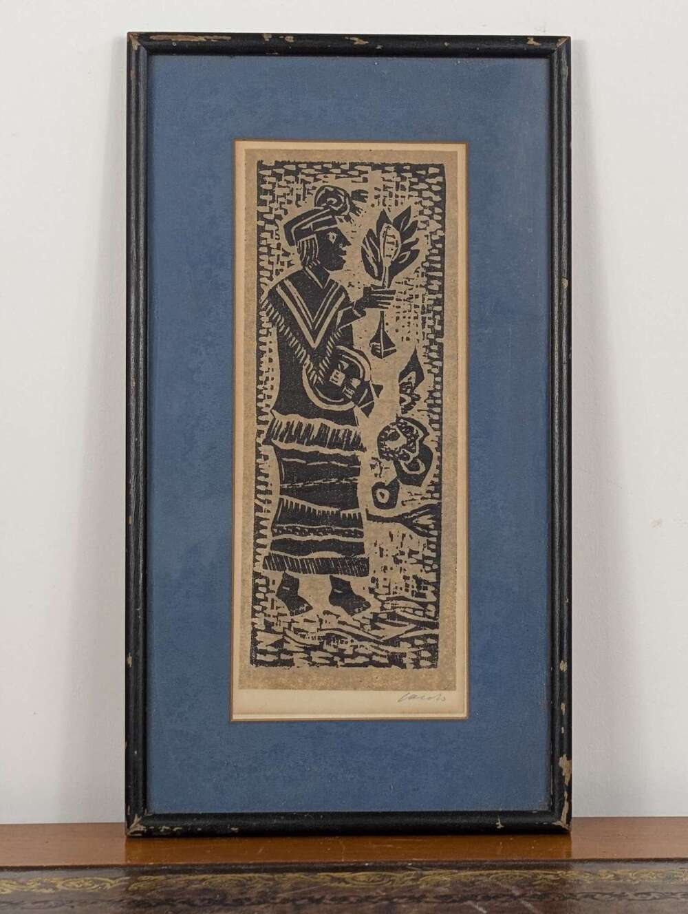 Jacob Heller woodcut on chine coll&eacute; with Mayan figure