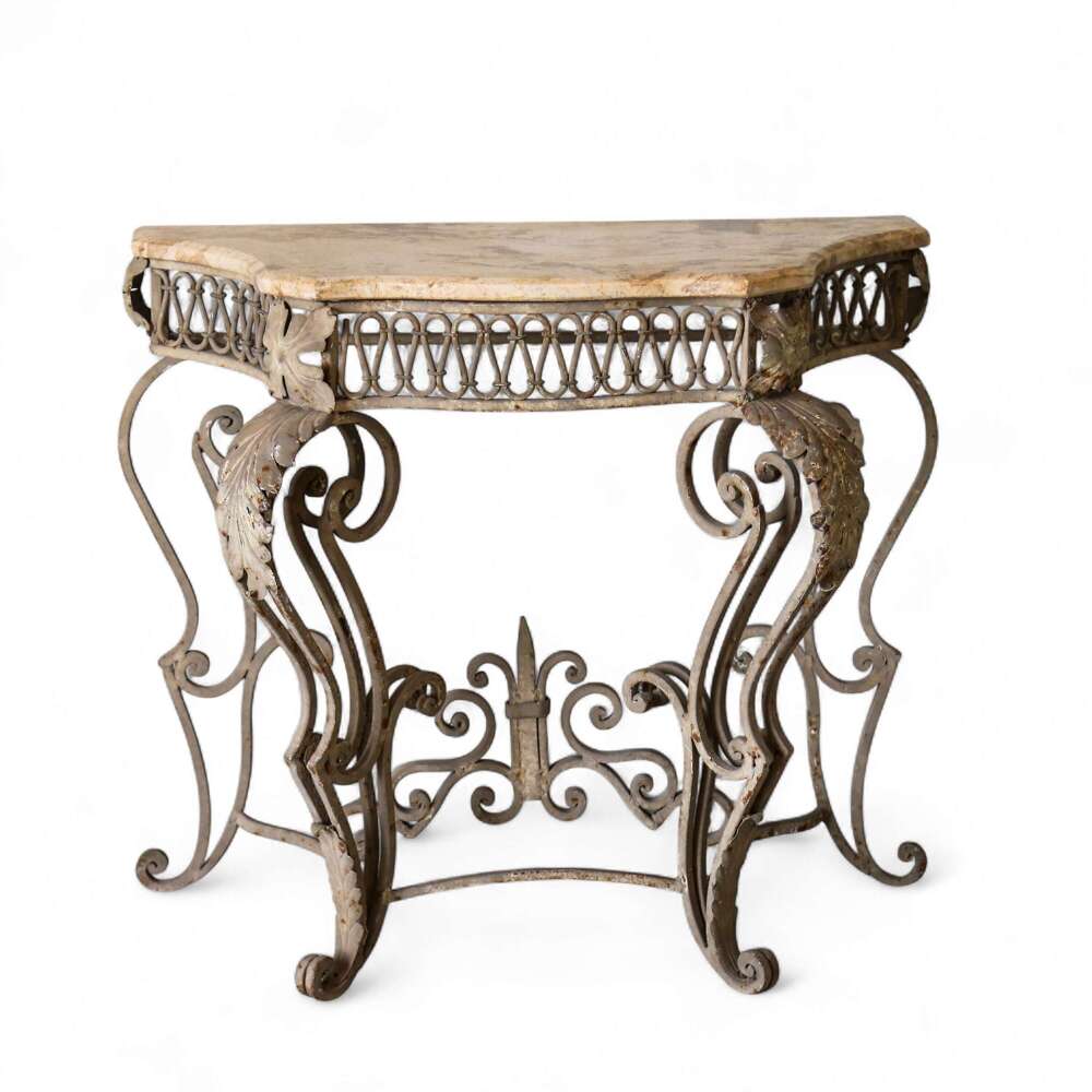Art Deco Marble Top/Wrought Iron Base Console Table circa 1930s