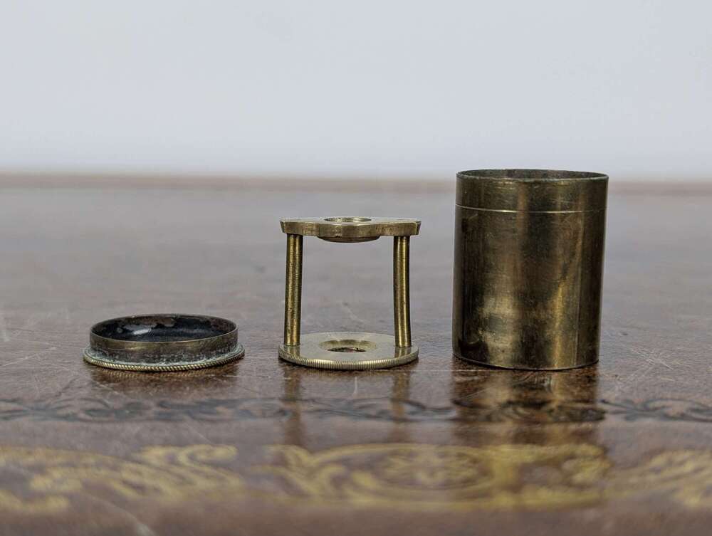 Victorian brass linen prover or thread counter with magnifier in original case, 19th C