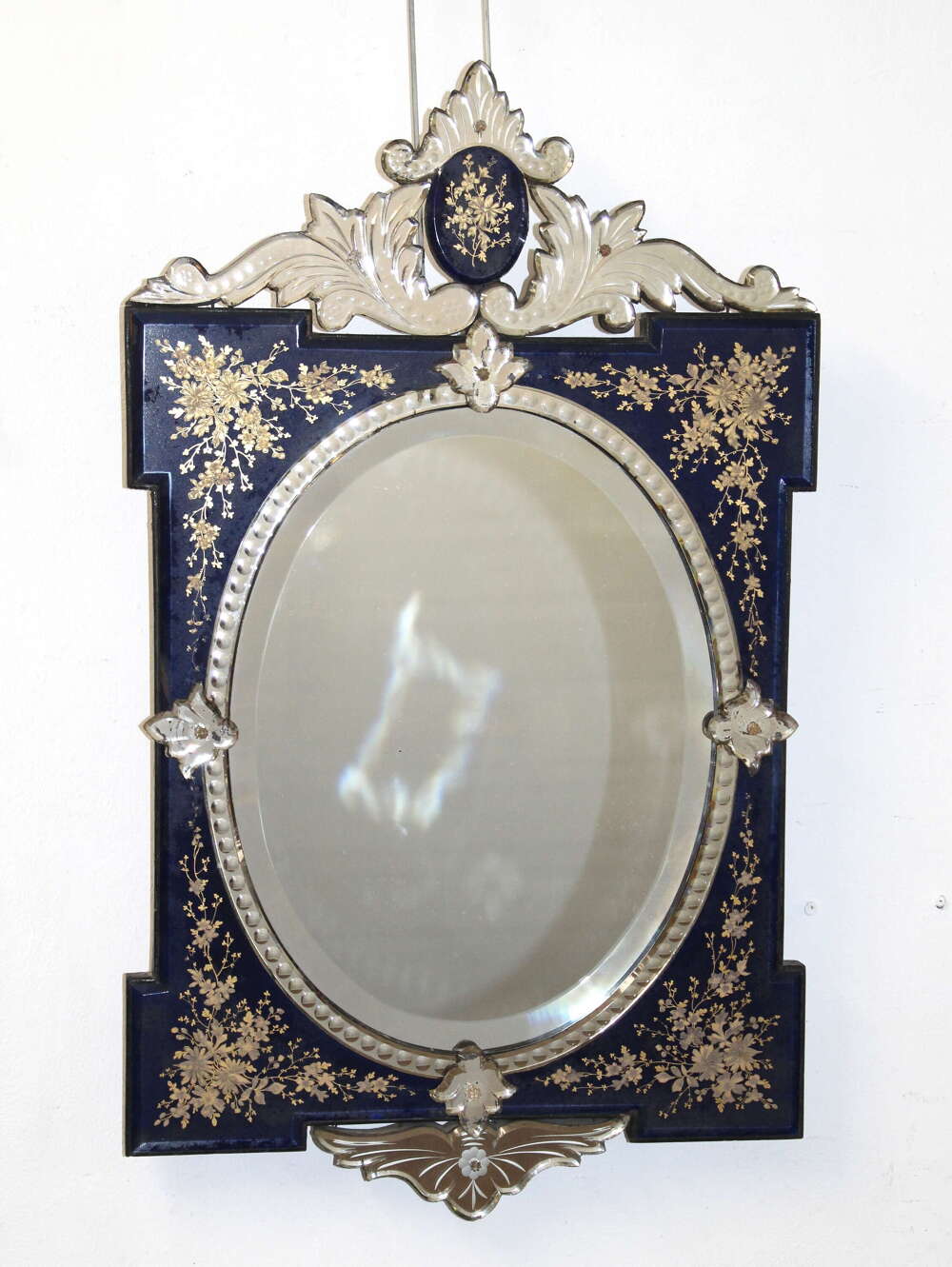 Antique Venetian mirror with midnight blue and gold frame