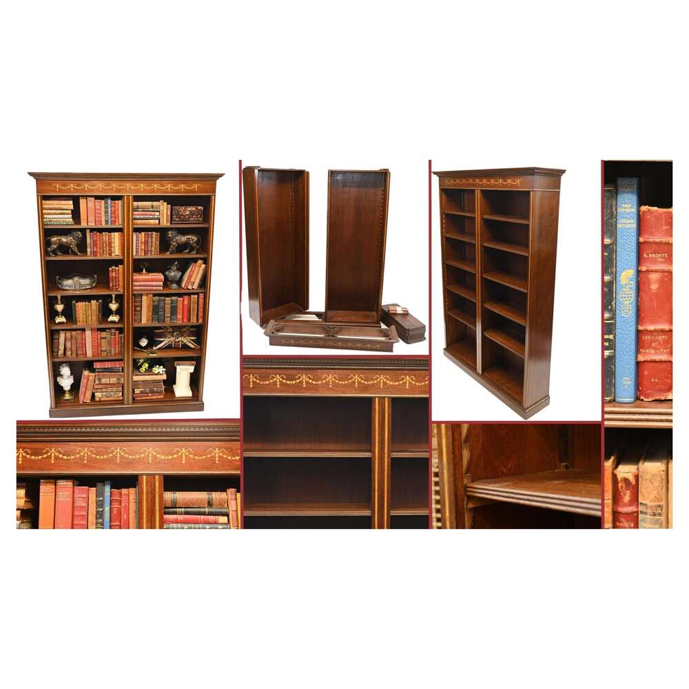 Mahogany Antique Bookcase - Double English Sheraton Inlay Open Front