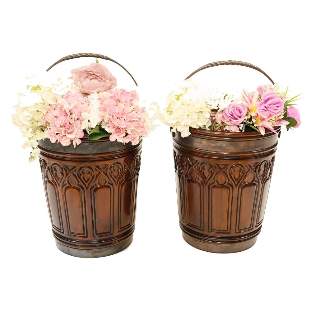 Pair Irish Peat Buckets Gothic Mahogany Planters